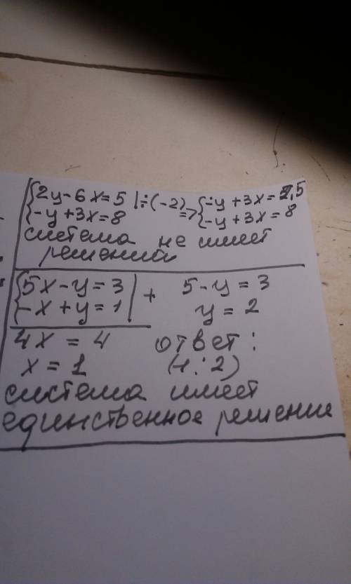 выясните, имеет ли сисема уравнений решения и сколько а) 2y-6x=5 б) 5x-y=3 -y+3x=8 -x+y=1