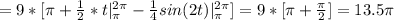 =9*[\pi+\frac{1}{2}*t|^{2\pi}_{\pi}-\frac{1}{4}sin(2t)|^{2\pi}_{\pi}] =9*[\pi+\frac{\pi}{2}]=13.5\pi