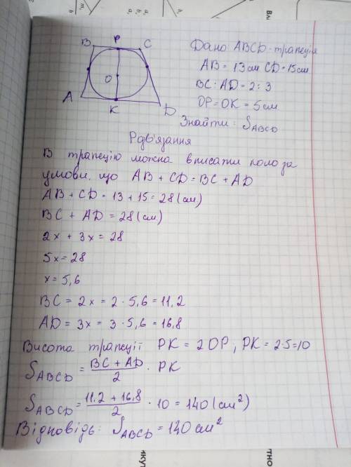 Бічні сторони трапеції дорівнюють 13см і 15 см, а основи відносяться як 2: 3. знайдіть площу трапеці