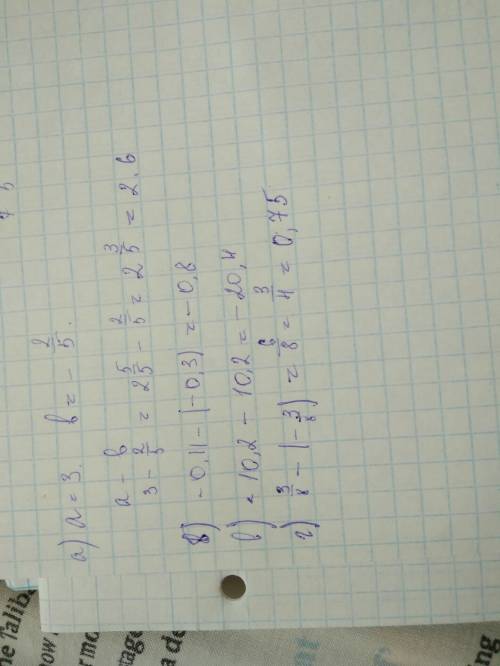 Найдите значения выражения a-b при: а) а=3,b=-2/5 б) а=-0,11,b=-0,3 в) а=-10,2 b=10,2 г) а=3/8, b=-3