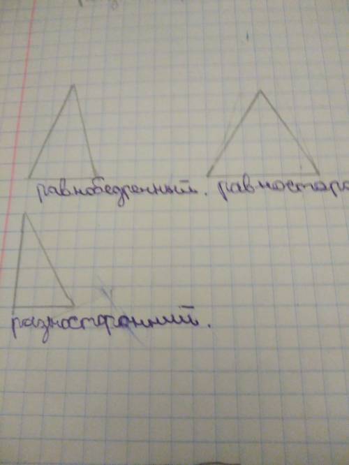 Начерти в тетради 1 равносторонний, 1 равнобедренный, 1 разносторонний треугольники