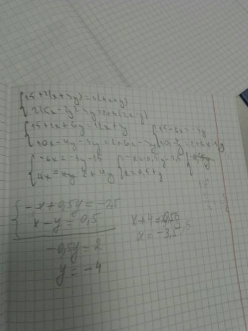 Номер 1512 решите систему уравнений подстановки 15+2(х+3у)=3(4х+у) 2(5х-2у)-3у=2+3(2х-у)