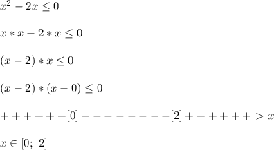 x^2-2x \leq 0\\\\&#10;x*x-2*x \leq 0\\\\&#10;(x-2)*x \leq 0\\\\&#10;(x-2)*(x-0) \leq 0\\\\&#10;++++++[0]--------[2]++++++\ \textgreater \ x\\\\&#10;x\in[0;\ 2]