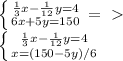 \left \{ {{ \frac{1}{3} x - \frac{1}{12} y = 4} \atop {6x + 5y = 150}} \right. =\ \textgreater \ \newline&#10; \left \{ {{ \frac{1}{3} x - \frac{1}{12} y = 4} \atop {x = (150-5y) /6 }} \right.