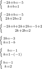 \left \{ {{-2k+b=-5} \atop {k+b=1}} \right. \\\\&#10; \left \{ {{-2k+b=-5} \atop {2k+2b=2}} \right.\\\\ &#10; \left \{ {{-2k+b+2k+2b=-5+2} \atop {2k+2b=2}} \right.\\\\ &#10; \left \{ {{3b=-3} \atop {k=1-b}} \right.\\\\ &#10; \left \{ {{b=-1} \atop {k=1-(-1)}} \right.\\\\ &#10; \left \{ {{b=-1} \atop {k=2}} \right.