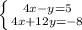 \left \{ {{4x-y=5} \atop {4x+12y=-8}} \right.