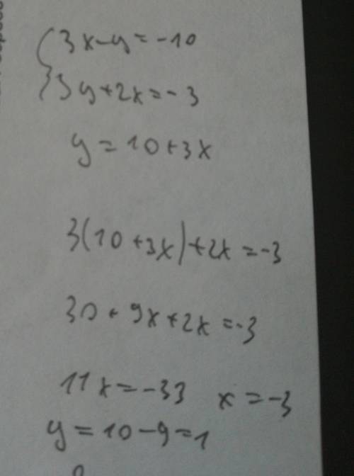 3x - y= -10. 3y + 2x = -3 решите систему уравнений