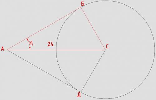 Касательные проведеннве из данной точки к окружности образуют между сабой угол в 60°.растояние от да