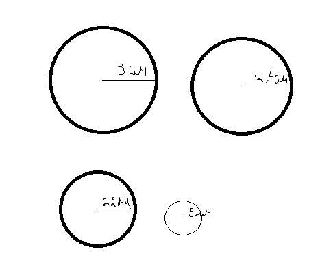 Начертите окружности радиусом 3см и 2.5см и 15мм и 22мм