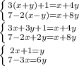 \left \{ {{3(x+y)+1=x+4y} \atop {7-2(x-y)=x+8y}} \right. \\ \left \{ {{3x+3y+1=x+4y} \atop {7-2x+2y=x+8y}} \right. \\ \left \{ {{2x+1=y} \atop {7-3x=6y}} \right.