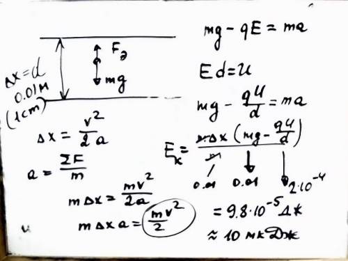Пылинка массой 10 мг несет на себе заряд 10–8 кл и движется вертикально между двумя одинаковыми гори