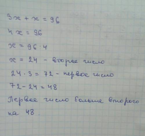 Сумма двух чисел равна 96, причем первое из них в 3 раза большевторого. на сколько первое число боль