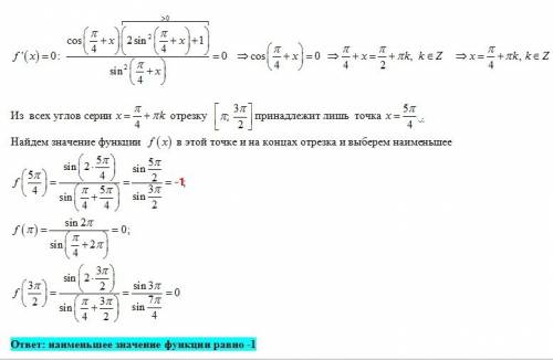 Найдите наименьшее значение функции f(x)=sin2x/sin(п/4+х) на промежутке [п; 3п/2]