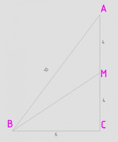 Прямоугольный треугольник авс. ав гипотенуза 10 см, вс катет равно 6 см, вм- медиана. найдите танген