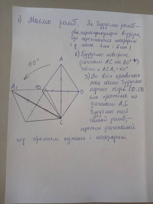 Постройте ромб и его образ при повороте вокруг одной из его вершин на 60° против часовой стрелки.