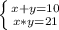 \left \{ {{x+y=10} \atop {x*y=21}} \right.