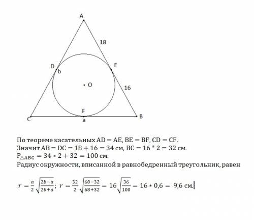 Точка касания окружности вписанной в равнобедренный треугольник делит одну из боковых сторон на отре