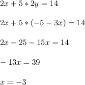 2x+5*2y=14 \\ \\ 2x+5*(-5-3x)=14 \\ \\ 2x-25-15x=14 \\ \\ -13x = 39 \\ \\ x = -3