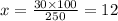 x = \frac{30 \times 100}{250} = 12