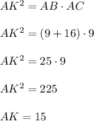 AK^2=AB\cdot AC\\\\AK^2=(9+16)\cdot 9\\\\AK^2=25\cdot 9\\\\AK^2=225\\\\AK=15