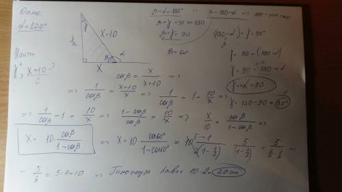 Один из внешних углов прямоугольного треугольника - 120°, а гипотенуза - на 10 см больше маленького