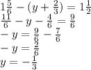 1 \frac{5}{6} - (y + \frac{2}{3} ) =1 \frac{1}{2} \\ \frac{11}{6} - y - \frac{4}{6} = \frac{9}{6} \\ - y = \frac{9}{6} - \frac{7}{6} \\ - y = \frac{2}{6} \\ y = - \frac{1}{3}