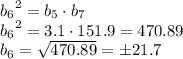 {b_6}^2=b_{5} \cdot b_{7} \\ {b_6}^2=3.1 \cdot 151.9=470.89 \\ b_6= \sqrt{470.89}=б21.7&#10;