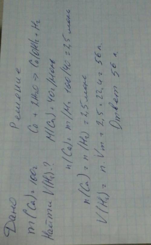 Який об'єм водню (н.у.) виділиться при взаємодії 100 г кальцію з достатньою кількістю води? какой об