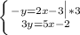 \left \{ { {-y=2x-3 \big | *3} \atop {3y=5x-2} } \right.