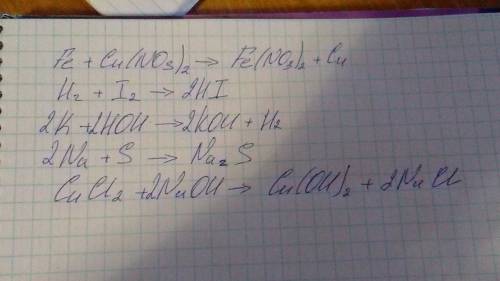 Электронный 1. fe + cu(no3)2 —> 2. h2 + i2 —> 3. k + hoh —> koh + h2 4. na + s —> 5. cuc