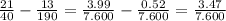 \frac{21}{40} - \frac{13}{190} = \frac{3.99}{7.600} - \frac{0.52}{7.600} = \frac{3.47}{7.600}