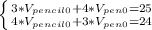 \left \{ {{3*V_{pencil0}+4*V_{pen0}=25\\\\} \atop {4*V_{pencil0}+3*V_{pen0}=24\\\\}} \right.