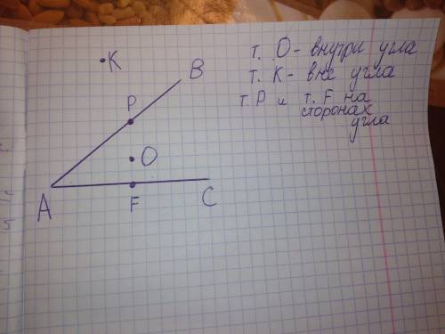 Нарчитите угол в а с и отметьти по одной точке внутри угла вне угла и на сторонах угла