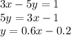 3x-5y=1 \\ &#10;5y=3x-1 \\ &#10;y=0.6x-0.2