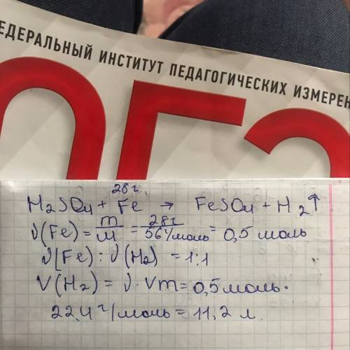 Рассчитайте объём водорода, выделившегося при взаимодействии 28 граммов железа с серной кислоты