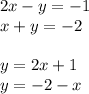 2 x - y=-1 \\ x+y=-2 \\ \\ y=2x+1 \\ y=-2-x