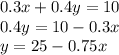 0.3x+0.4y=10 \\&#10;0.4y=10-0.3x \\ y=25-0.75x