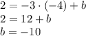 2=-3\cdot(-4)+b\\ 2=12+b\\ b=-10