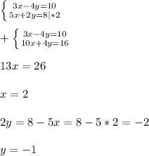 \left \{ {{3x-4y=10} \atop {5x+2y=8|*2}} \right.\\\\ +\left \{ {{3x-4y=10} \atop {10x+4y=16}} \right. \\\\13x=26 \\\\x=2\\\\2y=8-5x=8-5*2=-2\\\\y=-1