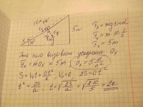 4. по гладкой наклонной плоскости длиной 10 м и высотой 5 м с вершины без начальной скорости дв