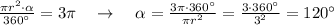 \frac{\pi r^2\cdot \alpha }{360^\circ }=3\pi \quad \to \quad \alpha =\frac{3\pi \cdot 360^\circ }{\pi r^2}=\frac{3\cdot 360^\circ }{3^2}=120^\circ