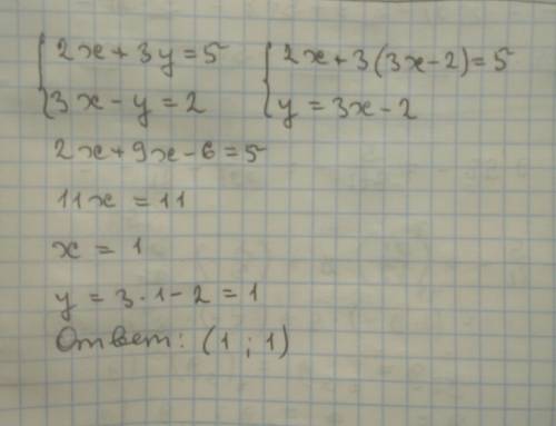 Решите систему уравнений методом подстановки 2x+3y=5 снизу 3x-y=2