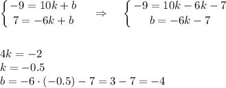 \displaystyle \left \{ {{-9=10k+b} \atop {7=-6k+b}} \right. ~~~\Rightarrow~~~ \left \{ {{-9=10k-6k-7} \atop {b=-6k-7}} \right. \\ \\ \\ 4k=-2\\ k=-0.5\\ b=-6\cdot (-0.5)-7=3-7=-4