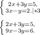 \left \{ {{2x+3y=5,} \atop {3x-y=2.|*3}} \right. \\ \\ \left \{ {{2x+3y=5,} \atop {9x-3y=6.}} \right.