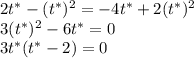 2t^*-(t^*)^2=-4t^*+2(t^*)^2\\3(t^*)^2-6t^*=0\\3t^*(t^*-2)=0