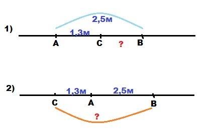 Отметьте точку с, принадлежащую прямой ab. если ab = 2,5 м, ac = 1.3 м. найдите длину отрезка bc.