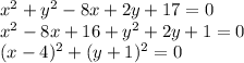 x^2+y^2-8x+2y+17=0 \\ x^2-8x+16+y^2+2y+1=0 \\ (x-4)^2+(y+1)^2=0