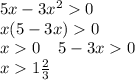 5x - 3 {x}^{2} 0 \\ x(5 - 3x) 0 \\ x 0 \: \: \: \: \: 5 - 3x 0 \\ \: \: \: \: \: \: \: \: \: \: \: \: \: \: \: \: x 1 \frac{2}{3}