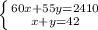 \left \{ {{60x+55y=2410} \atop {x+y=42}} \right.