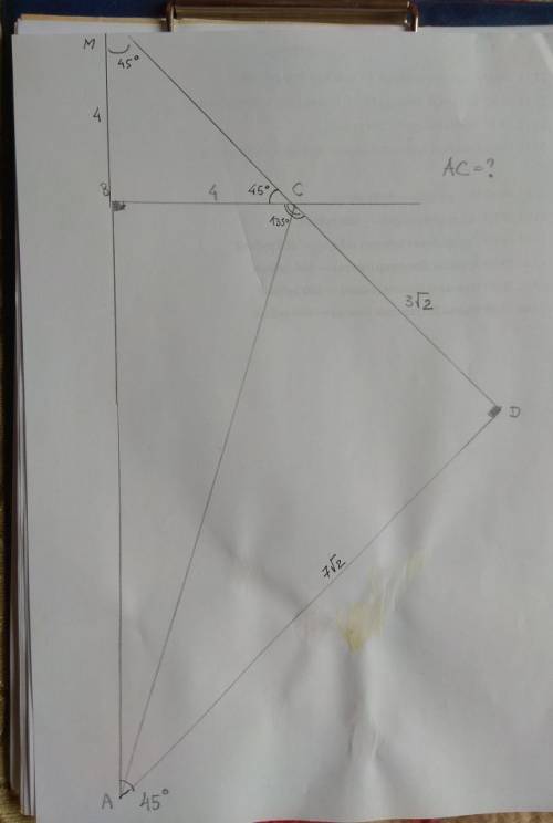 Вчетырехугольнике abcd угол а=45 уголb=d=90 bc=4, cd=3корень из 2 найти ac